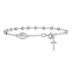 Children's Polished Cross Rosary 6 inch w/ .75in ext Bracelet 14k White Gold (not plated or filled) White Gold Rosary Bracelet