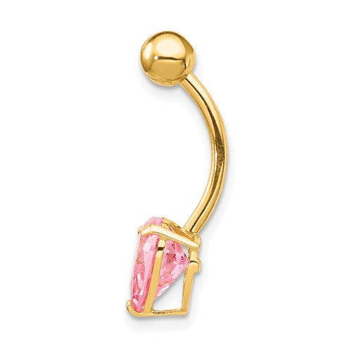 10k Yellow Gold Pink Heart CZ Belly Ring Dangle / 10k Heart Belly Button Ring / Gold Navel Ring / Real Gold Gift Box Included