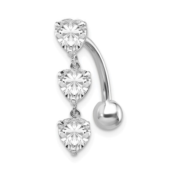 10k White Gold Polished 5mm CZ Heart Belly Dangle / 10k Belly Button Ring / White Gold Navel Ring / Belly Ring Real Gold Gift Box Included