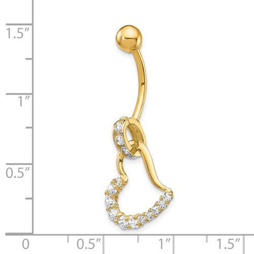 10k Yellow Gold Polished  CZ Huggy Heart Belly Ring Dangle / 10k Belly Heart Ring / Gold Navel Ring /Belly Ring Real Gold Gift Box Included