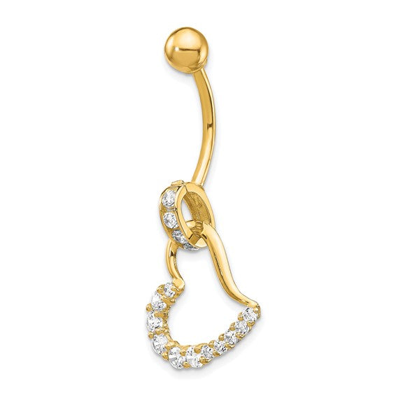 14K Belly Ring CZ White Gold Belly Ring Heart Belly Button Ring