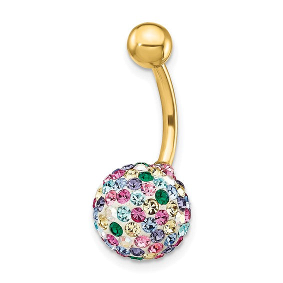 10k Yellow Gold Polished Multi Color 10mm Crystal Ball Belly Ring / 10k Belly Ring / Gold Navel Ring /Belly Ring Real Gold Gift Box Included
