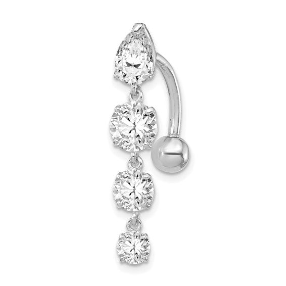 10k White Gold Polished 4 CZ  Dangle Belly Ring / 10k Belly Button Ring / Gold Navel Ring / Belly Ring Real Gold Gift Box Included