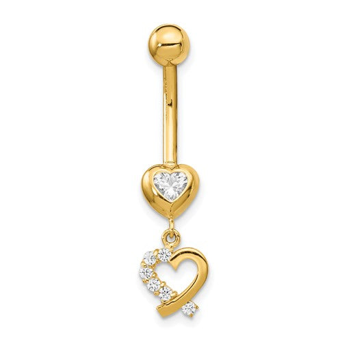 14k Yellow Gold Double Heart CZ Belly Ring / 14k 2 Hearts Belly Button Ring / Gold Navel Ring / Heart Belly Ring Real Gold Gift Box Included