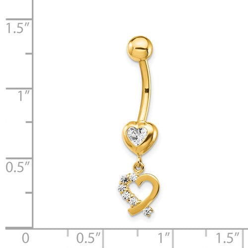 14k Yellow Gold Double Heart CZ Belly Ring / 14k 2 Hearts Belly Button Ring / Gold Navel Ring / Heart Belly Ring Real Gold Gift Box Included