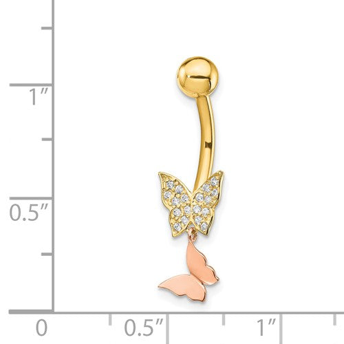 14k Yellow & Rose Gold Double Butterfly CZ Belly Ring / 14k Belly Button Ring / Gold Navel Ring / Belly Ring Real Gold Gift Box Included