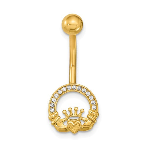 14k Yellow Gold Claddagh CZ Belly Ring / 14k Claddagh Belly Button Ring / Gold Navel Ring / Belly Ring Real Gold Gift Box Included