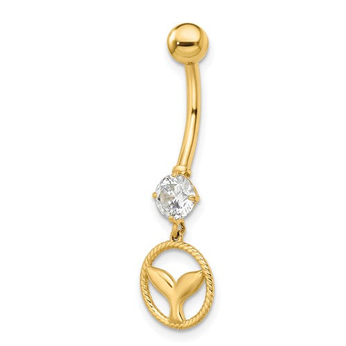 14k Yellow Gold Whale Tail CZ Belly Ring / 14k Belly Button Ring / Whale Tail Gold Navel Ring / Tummy Ring Real Gold w/ Gift Box Included
