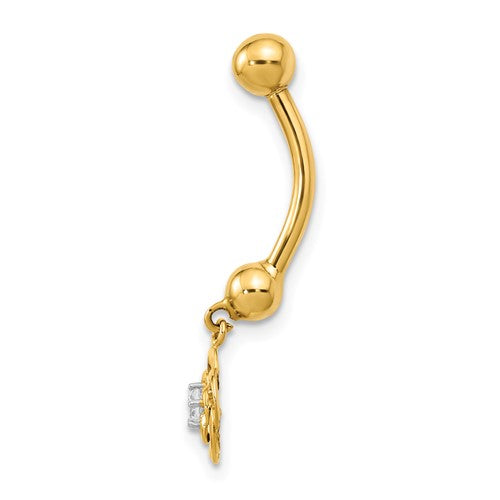 14k Yellow Gold Flower CZ Belly Ring / 14k  Flower Belly Button Ring / Gold Navel Ring / Belly Ring Real Gold Gift Box Included