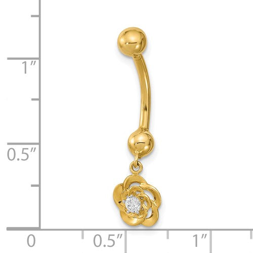 14k Yellow Gold Flower CZ Belly Ring / 14k  Flower Belly Button Ring / Gold Navel Ring / Belly Ring Real Gold Gift Box Included