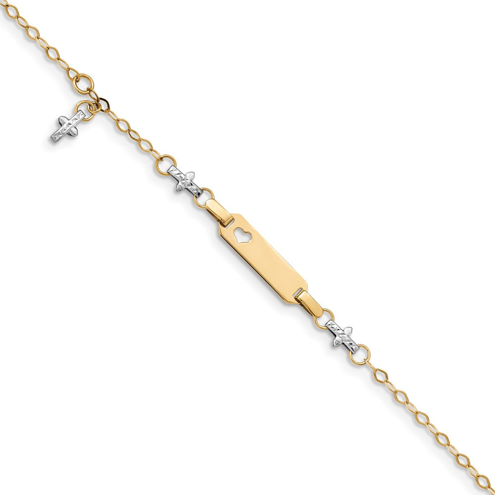 14K Two-tone Polished and Textured Cross Baby ID Bracelet, (Up to 5 characters) 4.5 inches (Infant to 18 months)