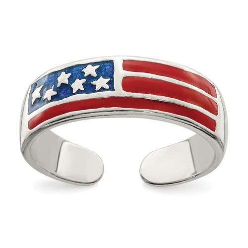Sterling Silver American Flag Toe Ring 5mm Band width- Gift Box Included- USA Toe Ring God Bless America