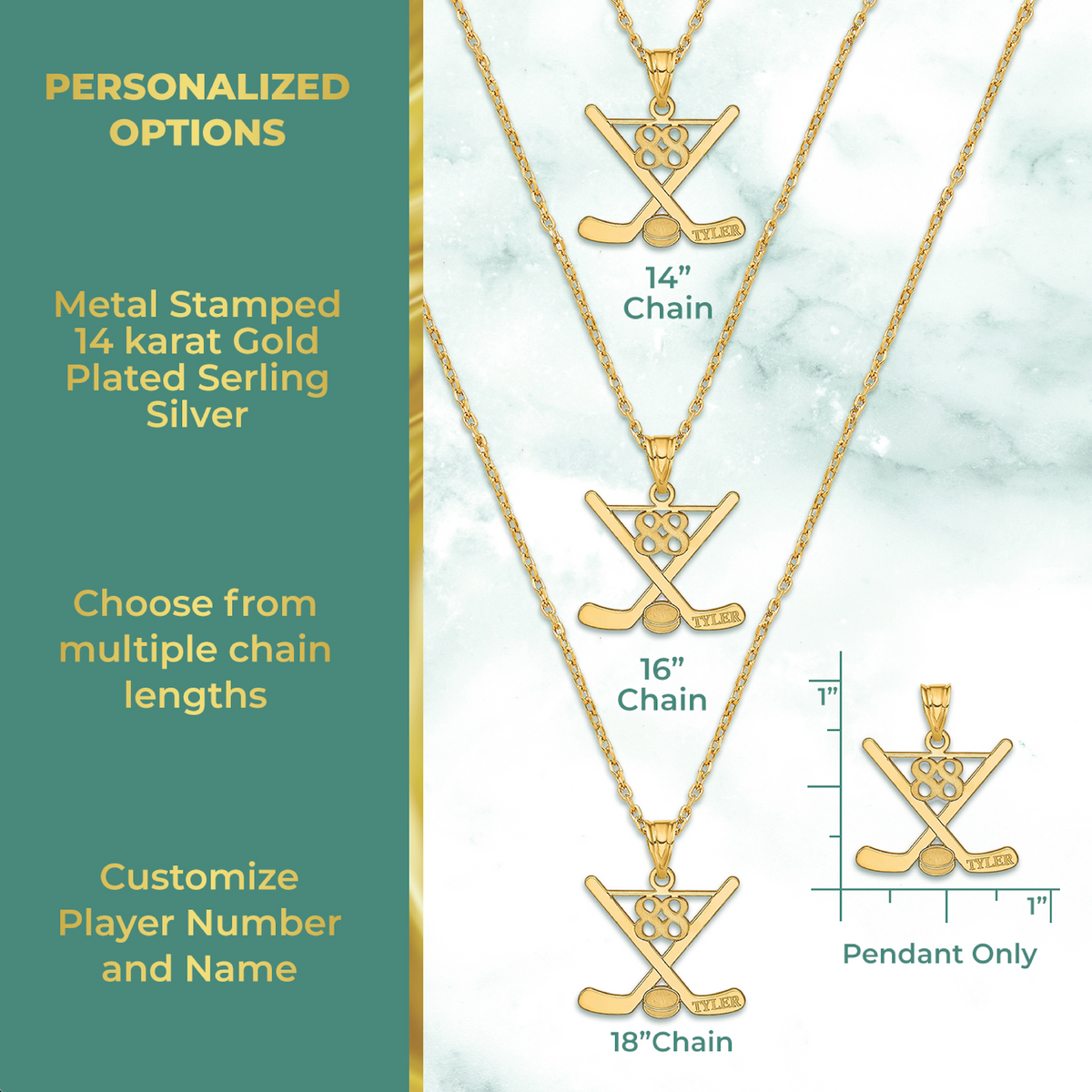 Personalized Ice Hockey Sticks Pendant w/ Name & Number Necklace included  in Sterling Silver , Gold Plated or 10k Gold Laser Engraved