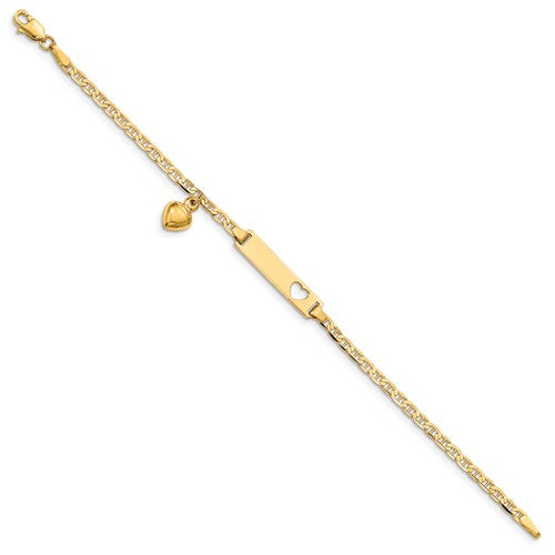 14K Yellow Gold Child/Toddler ID Anchor w/Heart Dangle Bracelet, 6 inches (Up to 6 Character