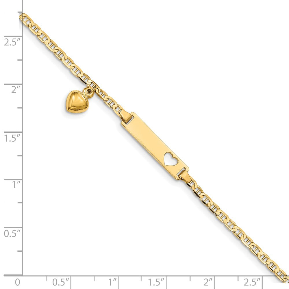 14K Yellow Gold Child/Toddler ID Anchor w/Heart Dangle Bracelet, 6 inches (Up to 6 Character