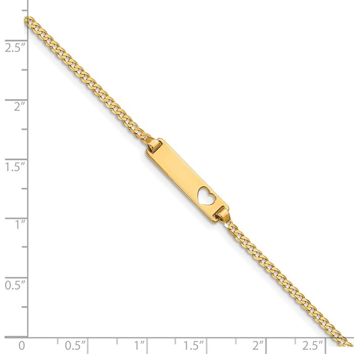 14k Yellow Gold Engraveable top 5mm Figaro Link Danagling Heart Baby ID Bracelet 6