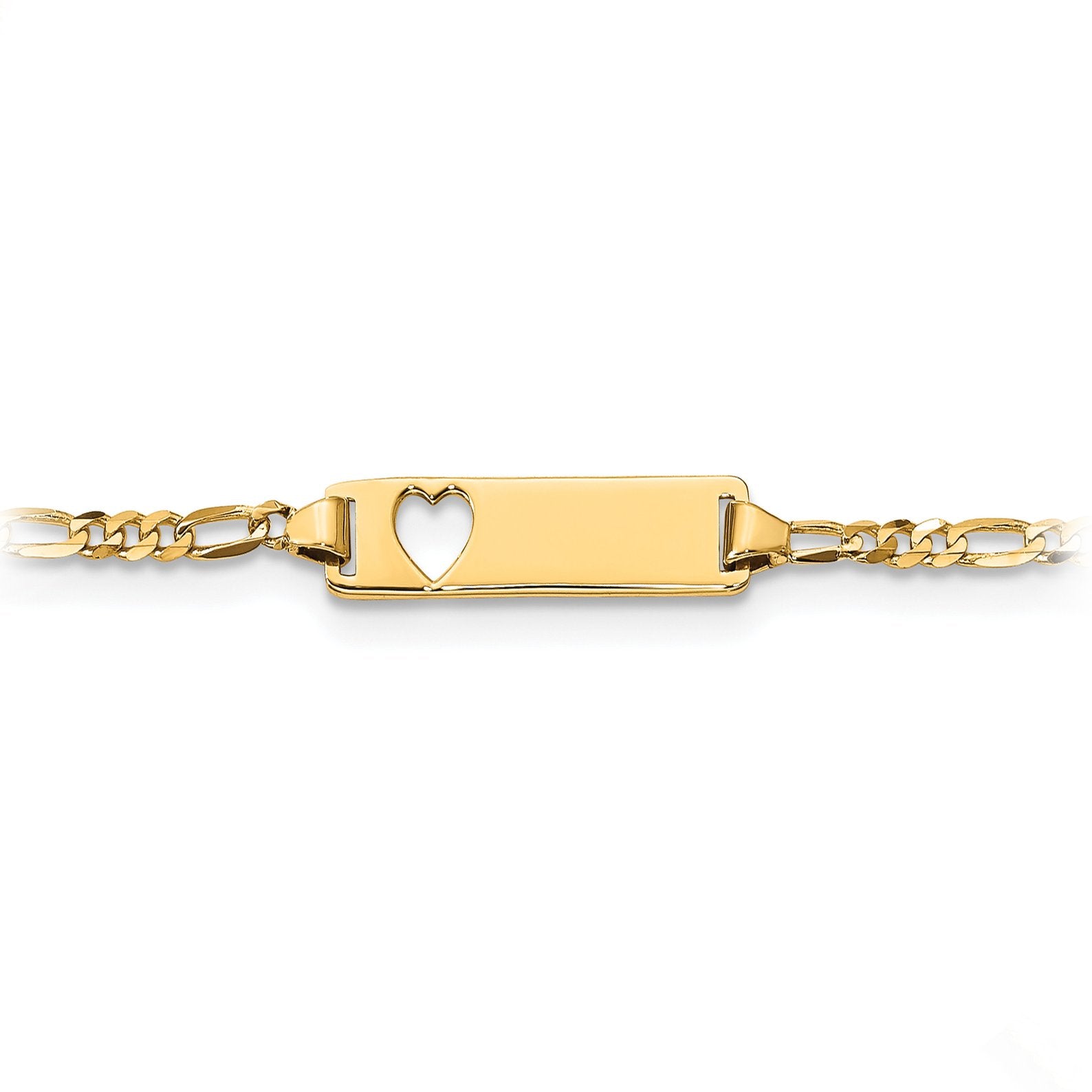 14k Yellow Gold Engraveable top 5mm Figaro Link Danagling Heart Baby ID Bracelet 6