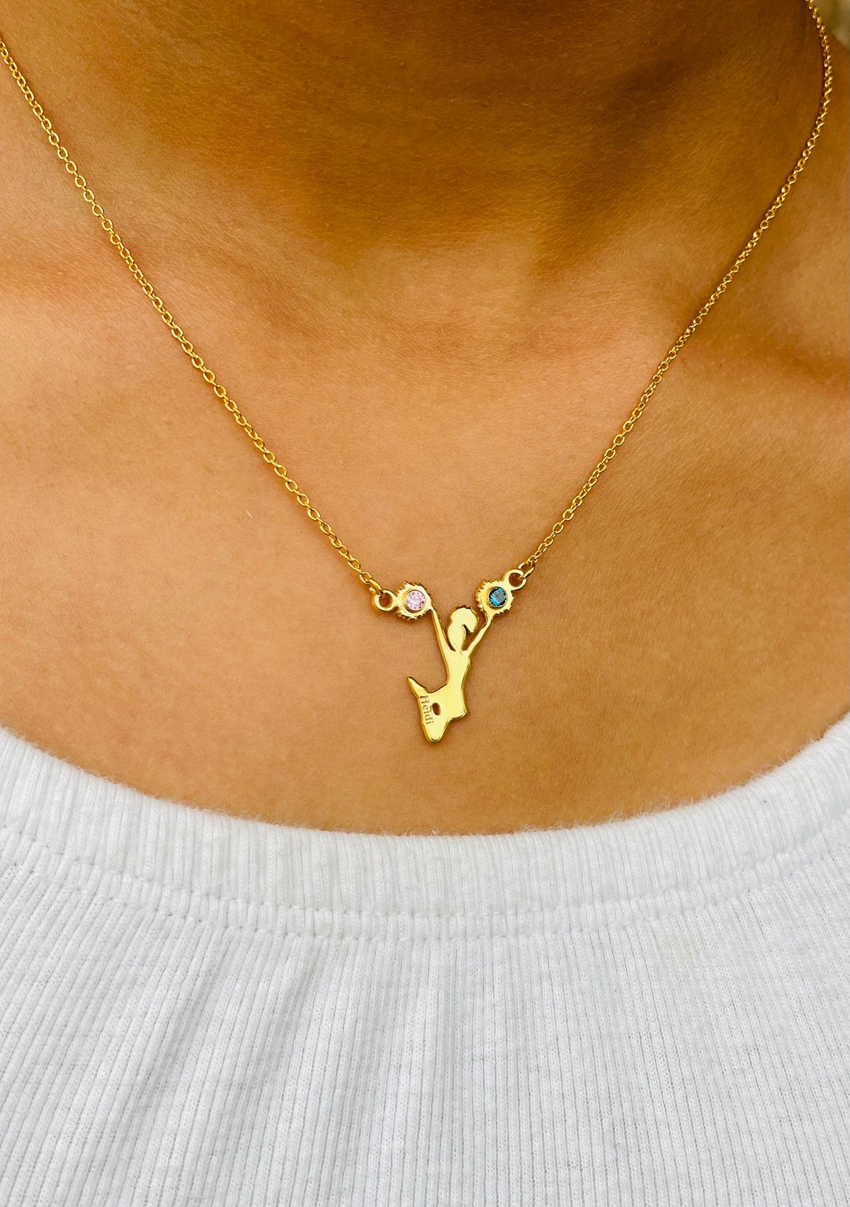 Cheerleader Name Necklace with Birthstones School Colors  ( MADE IN USA) in 14k Gold or Sterling Silver