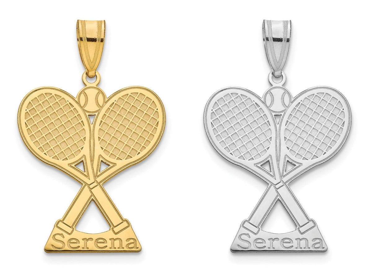 Personalized Tennis Racket Pendant w/ Name & Necklace included  in Sterling Silver , Gold Plated or 10k Gold Tennis Pendant