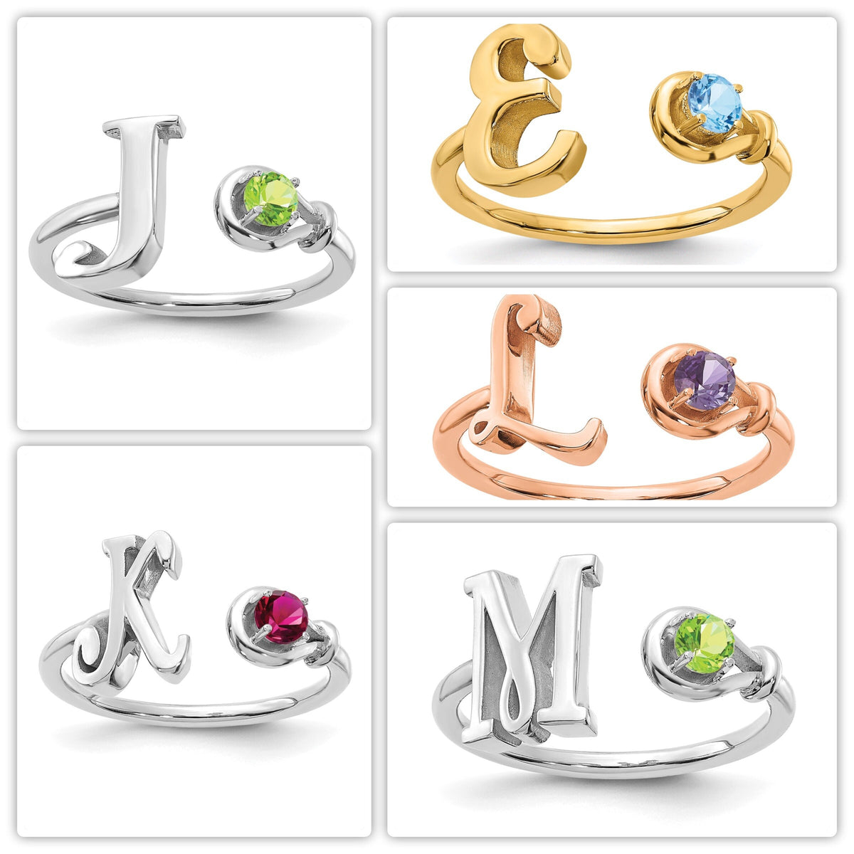 Birthstone and Initial Ring in Solid Sterling Silver , Gold Plated Silver , Rose Gold & 10k Gold Gift Box Included 2.2 Grams -  Letter Ring