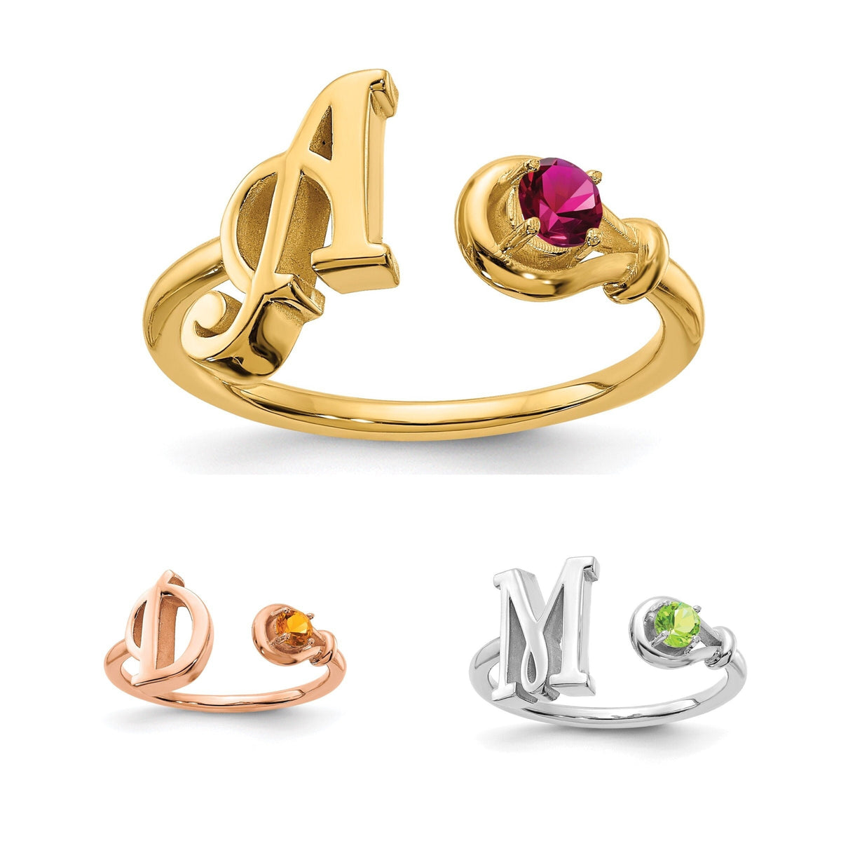 Birthstone and Initial Ring in Solid Sterling Silver , Gold Plated Silver , Rose Gold & 10k Gold Gift Box Included 2.2 Grams -  Letter Ring