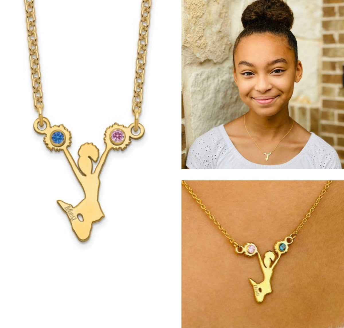 Cheerleader Name Necklace with Birthstones School Colors  ( MADE IN USA) in 14k Gold or Sterling Silver