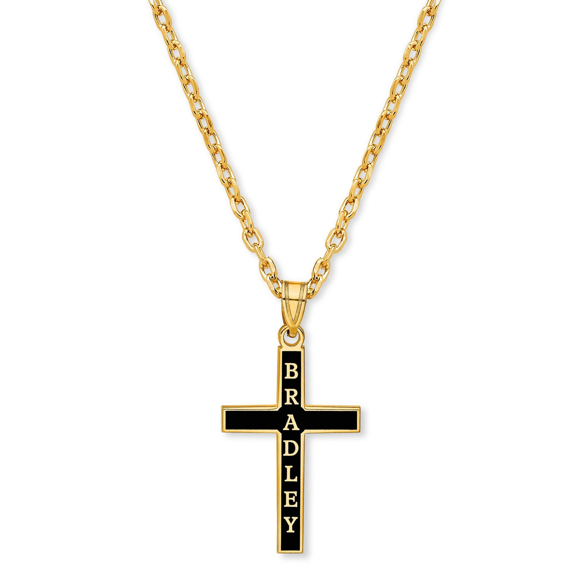 Personalized Cross with Black Enamel Antique Letters (1.25 inches Tall) & Necklace included  in Sterling Silver , Gold Plated or 10k Gold