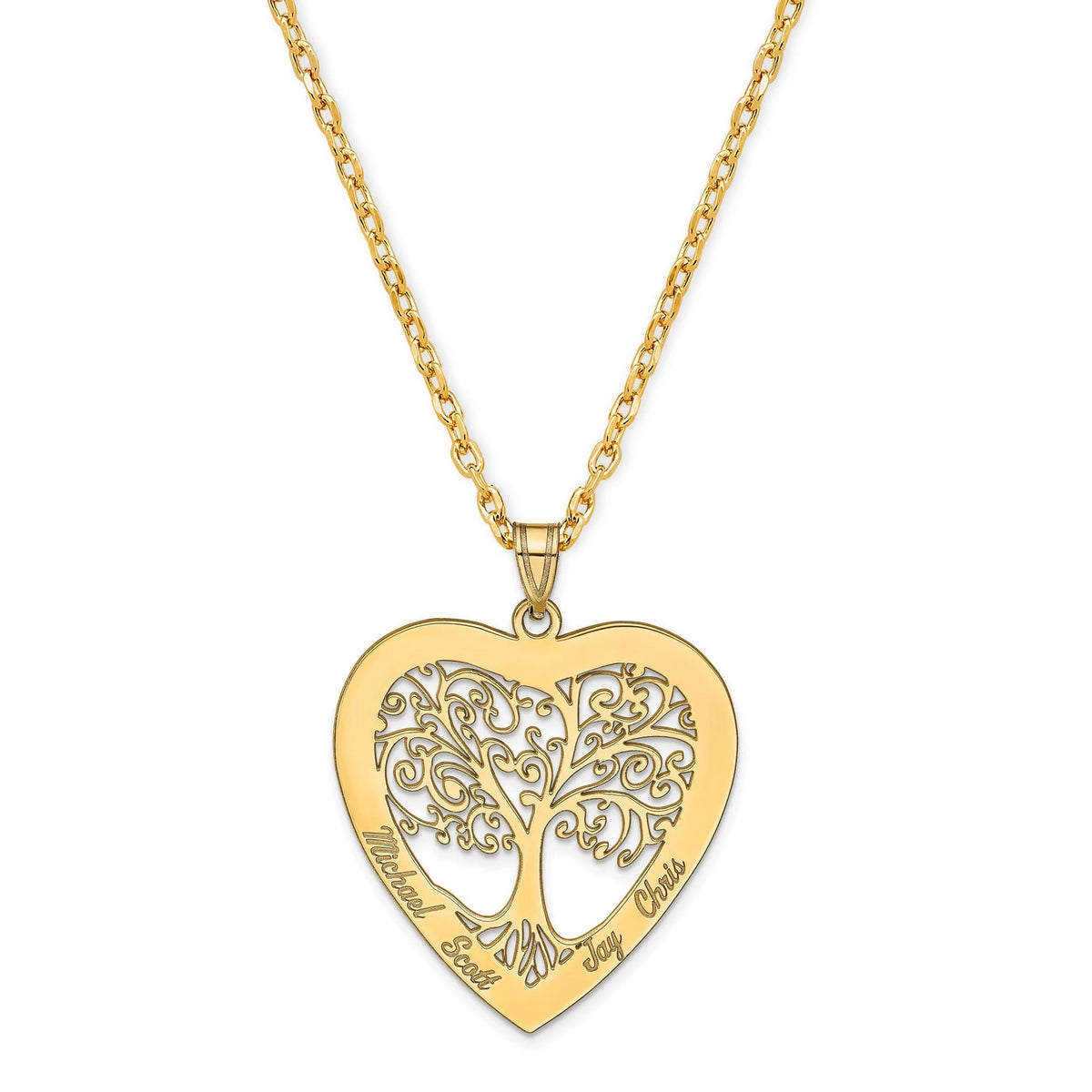 Personalized Heart Family Tree Pendant with Necklace Up to 4 Names w(MADE IN USA)10k Gold or Silver Gift Box Included