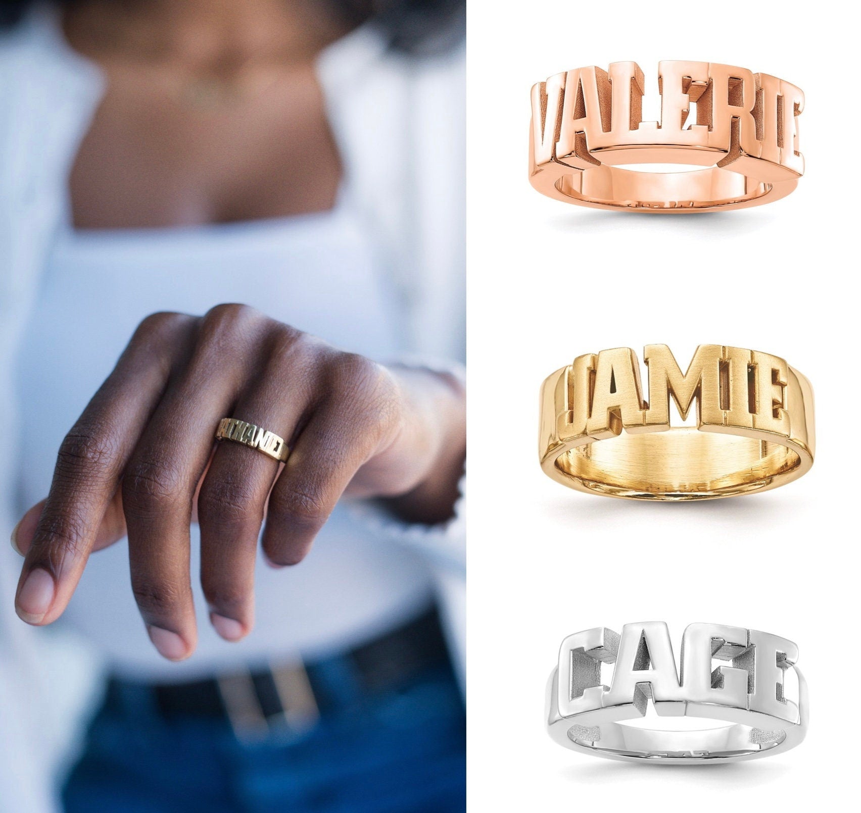 Personalized Name Ring 10k Yellow Gold, 10k White Gold, Sterling Silver  Gift Box Included Ring Sizes 5-12 Metal Weight 12.2 Grams