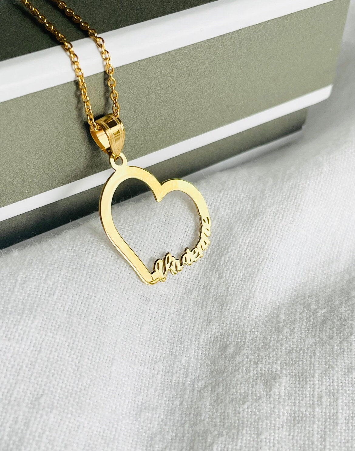 Personalized Open Heart Name Necklace in Sterling Silver, 10k, or 14k Gold Chain Length 16, 18, & 20 Inches (1 inches Tall) Heart Pendant