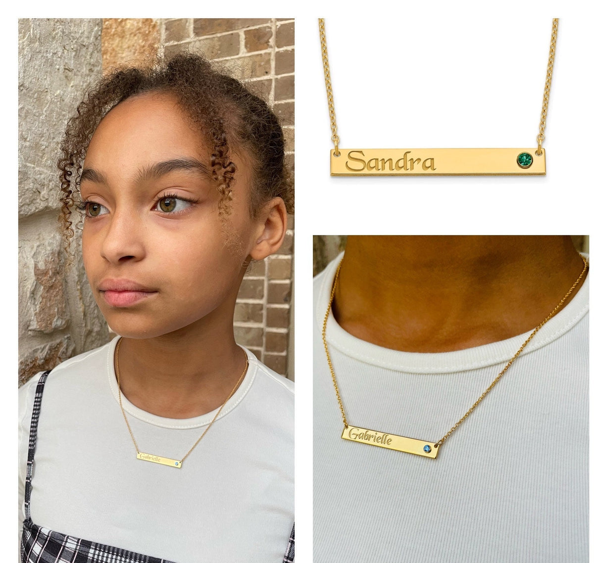 Bar Nameplate and Birthstone Necklace Solid Sterling Silver , Gold Plated Silver , Rose Gold Plated & 10k Gold Gift Box Included