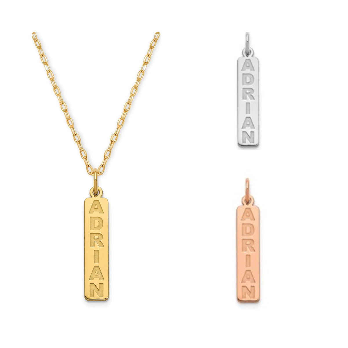 Personalized Vertical Name Pendant Necklace included  in Sterling Silver , Gold Plated, Rose Gold Plated or 10k Gold Laser Engraved