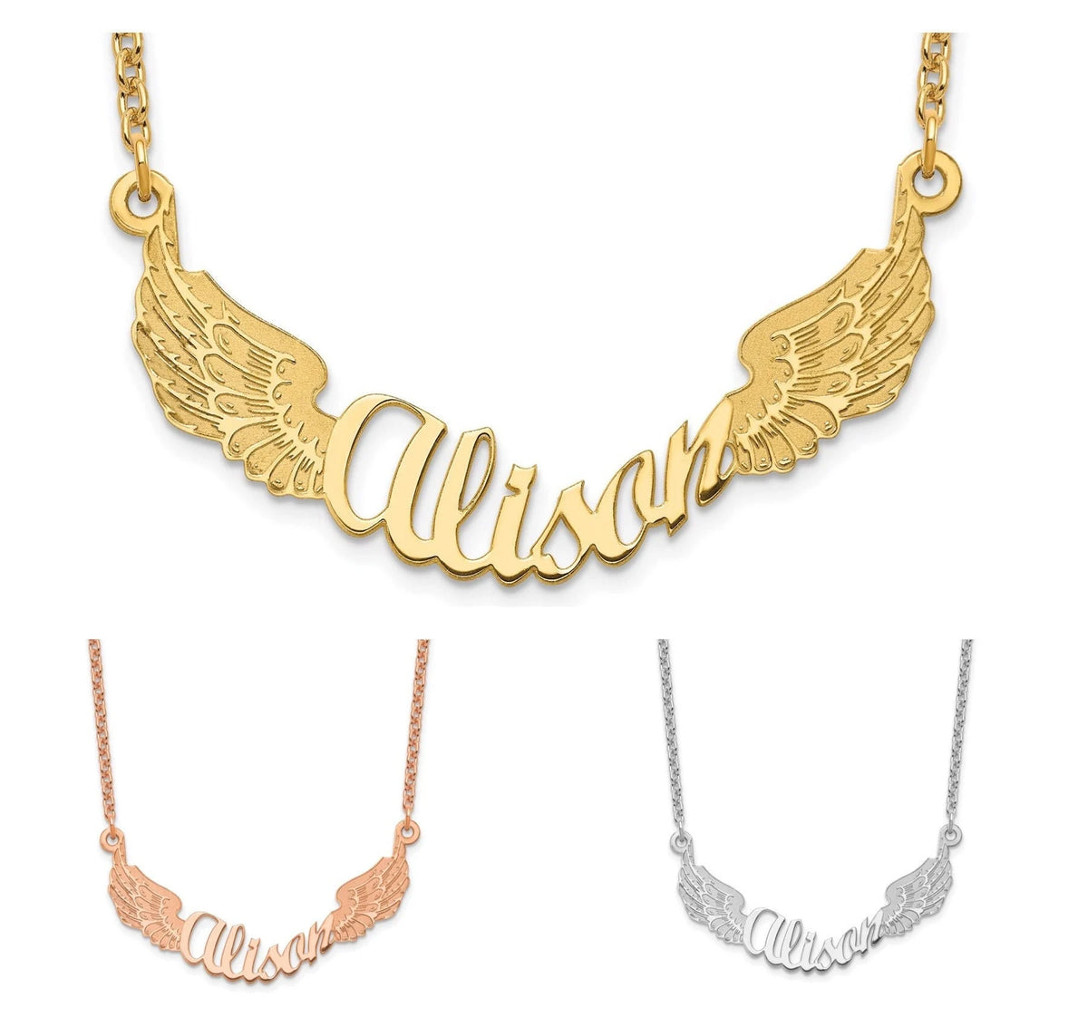 Personalized Angel Wing Name Necklace in Sterling Silver, 10k, or 14k Gold Chain  (1.55 inches wide) Gift Box Included
