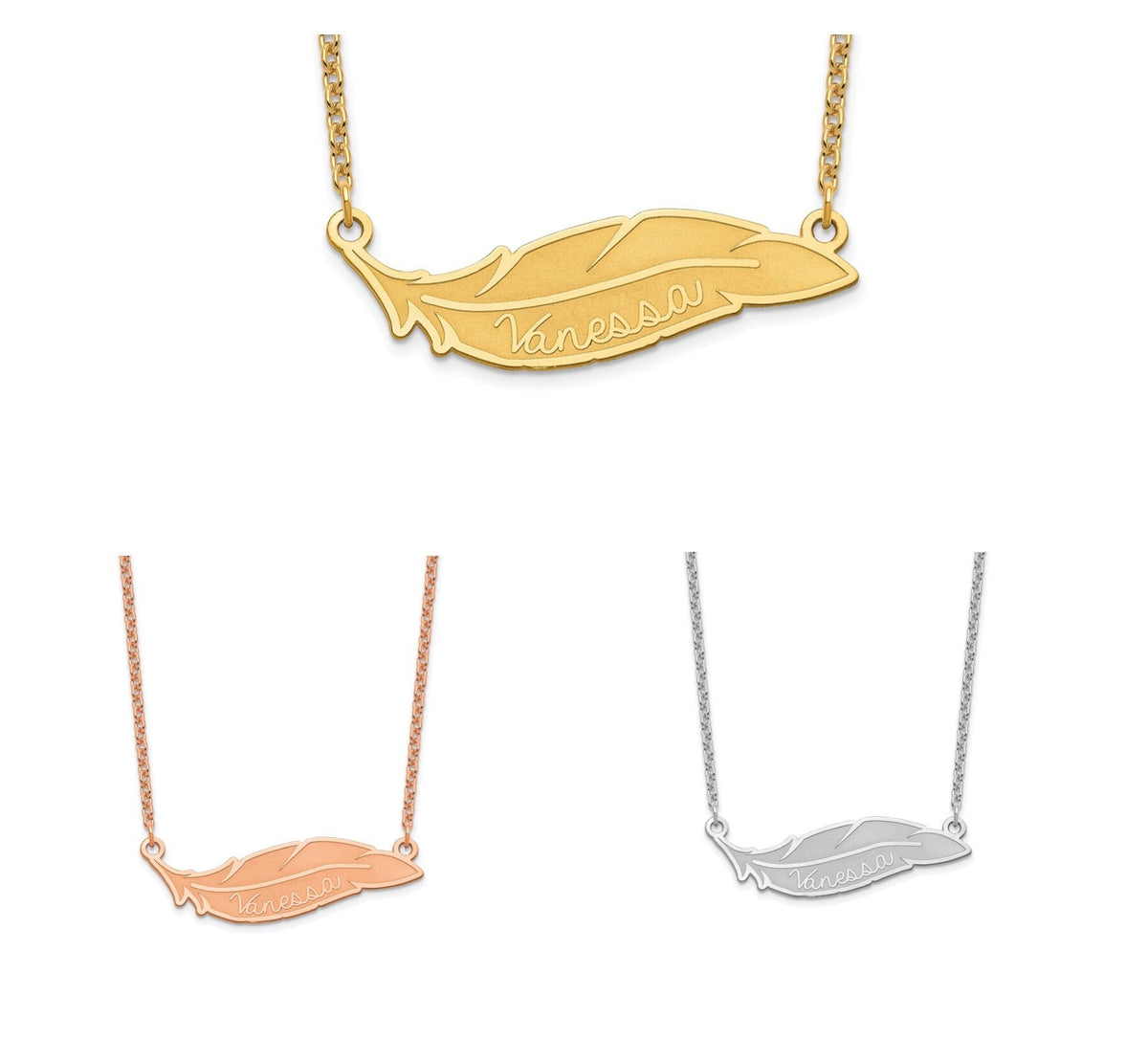 Personalized Feather Name Necklace in Sterling Silver, 10k, or 14k Gold Chain  (1.55 inches wide) Gift Box Included Made in USA