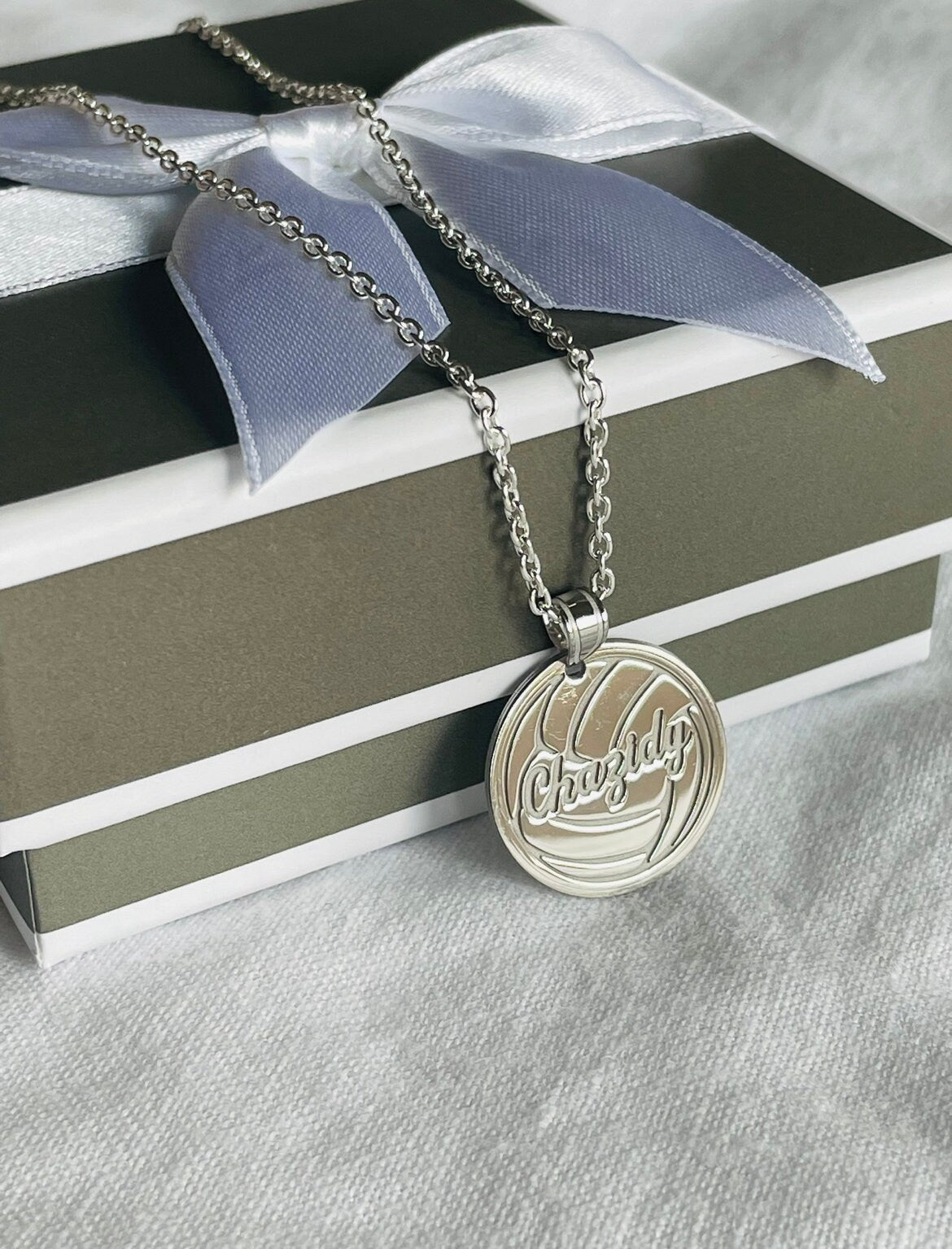 Personalized Volleyball Pendant w/ Name & Necklace included  in Sterling Silver , Gold Plated or 10k Gold Laser Engraved - Gift Box Included