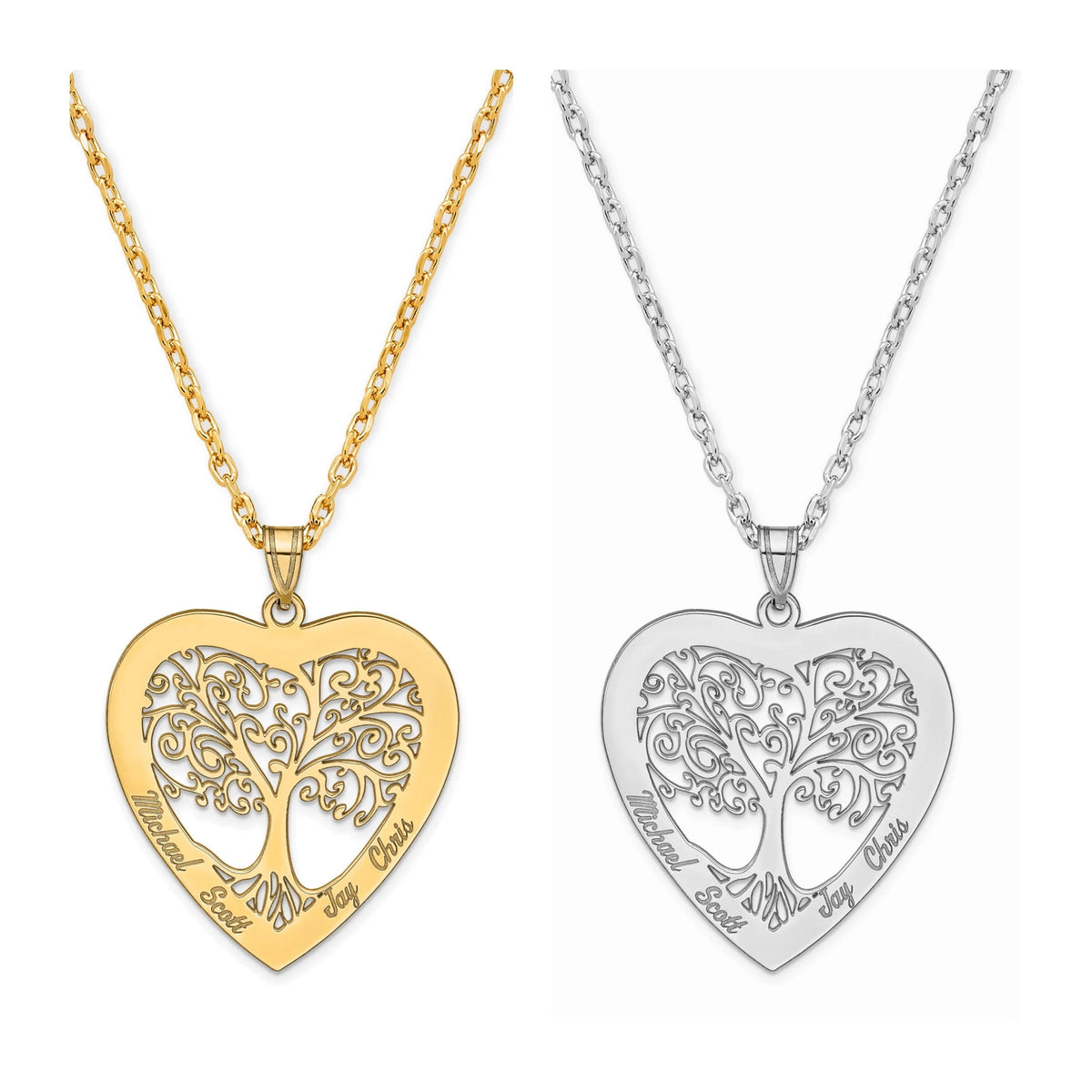 Personalized Heart Family Tree Pendant with Necklace Up to 4 Names w(MADE IN USA)10k Gold or Silver Gift Box Included