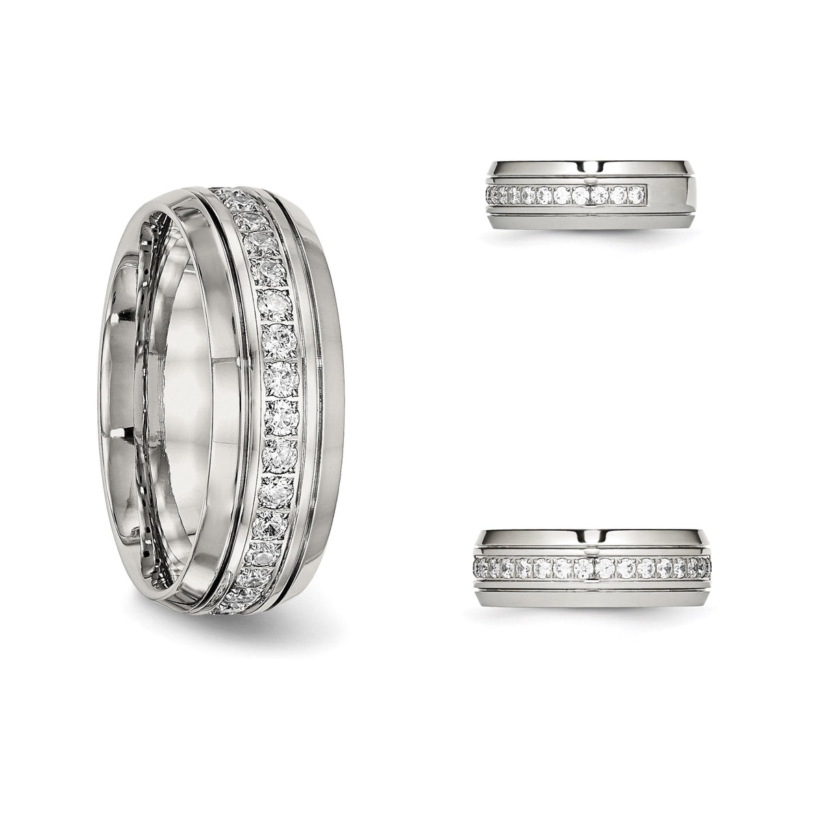 Mens Stainless Steel Polished and Grooved with CZ 8mm Half Round Band Mens Ring w/ Cubic Zirconias  Gift Box Included