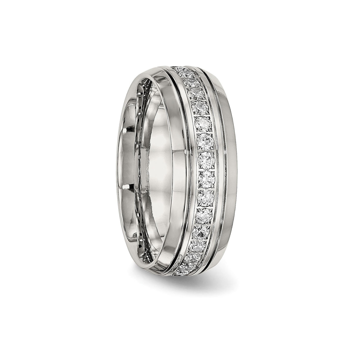 Mens Stainless Steel Polished and Grooved with CZ 8mm Half Round Band Mens Ring w/ Cubic Zirconias  Gift Box Included