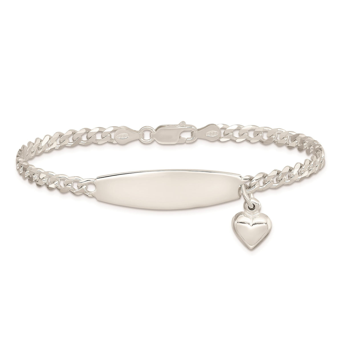 Women's Solid Sterling Silver Personalized ID Cuban Bracelet w/Heart Dangle 7.5 inches Front & Back Engraving -Made in USA Gift Box Included