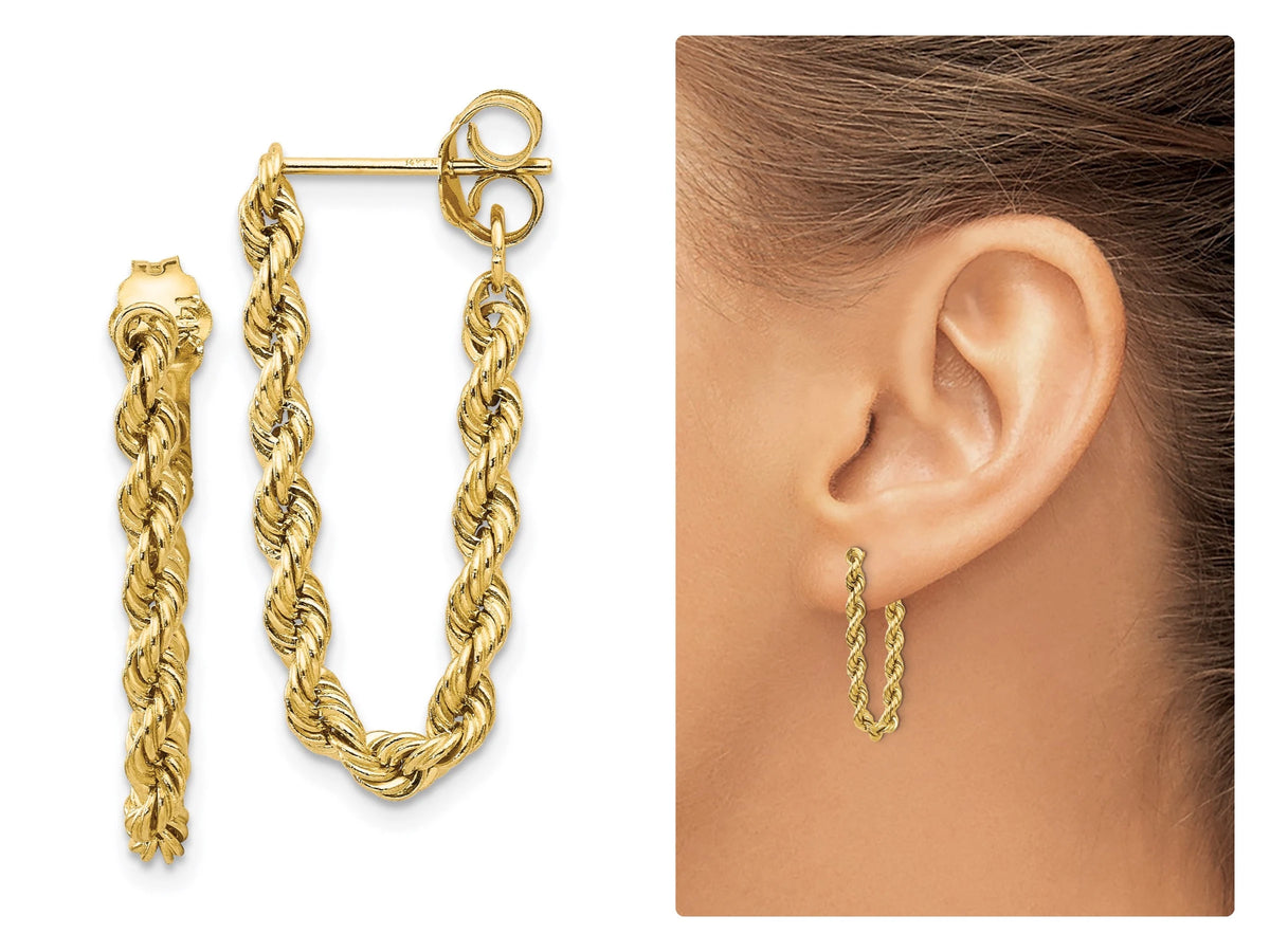 14k Yellow Gold Rope Diamond Cut Dangle Earring Gift Box Included Hoop Rope Earrings