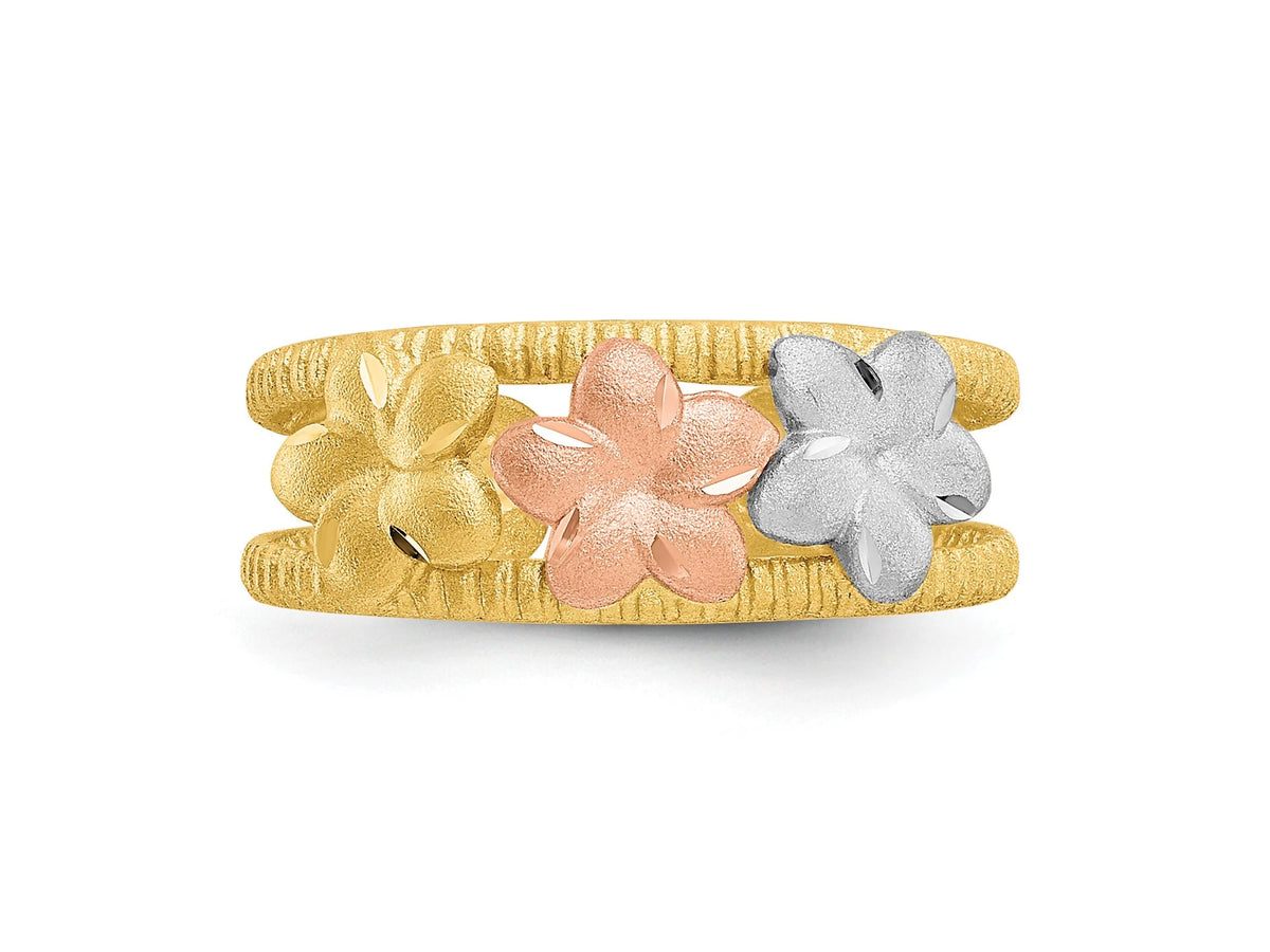 14k Yellow White Rose Gold Plumeria Flower Toe Ring 6mm Band  - Gift Box Included - Made in USA Tri Colored Toe Ring