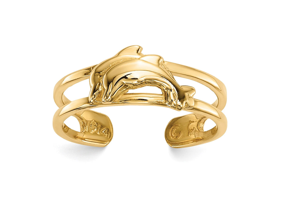14k Yellow Gold Dolphin Double Band Toe Ring - Gift Box Included - Made in USA
