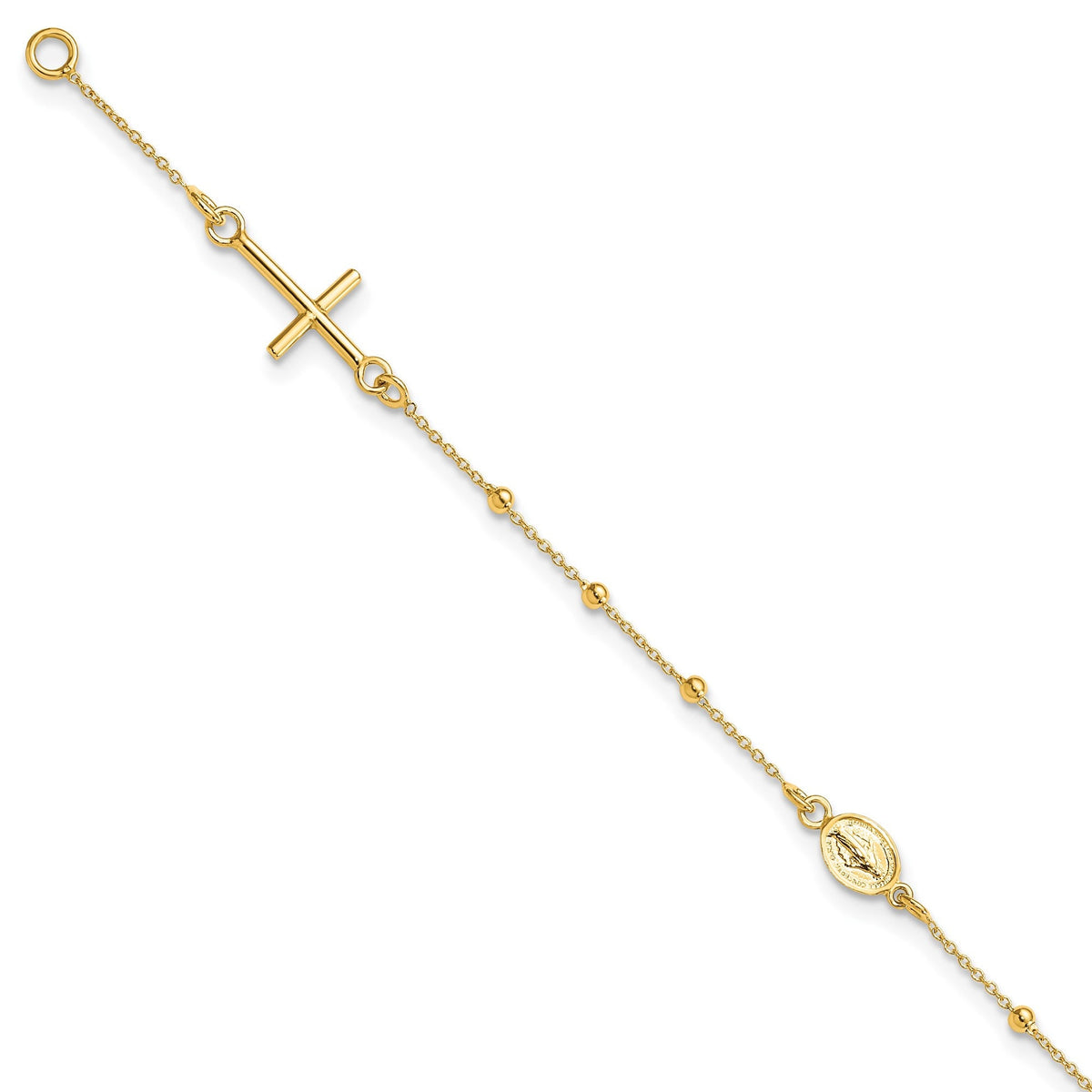 14k Yellow Gold Polished Cross Rosary 7.5 inch Bracelet - Gift Box Included