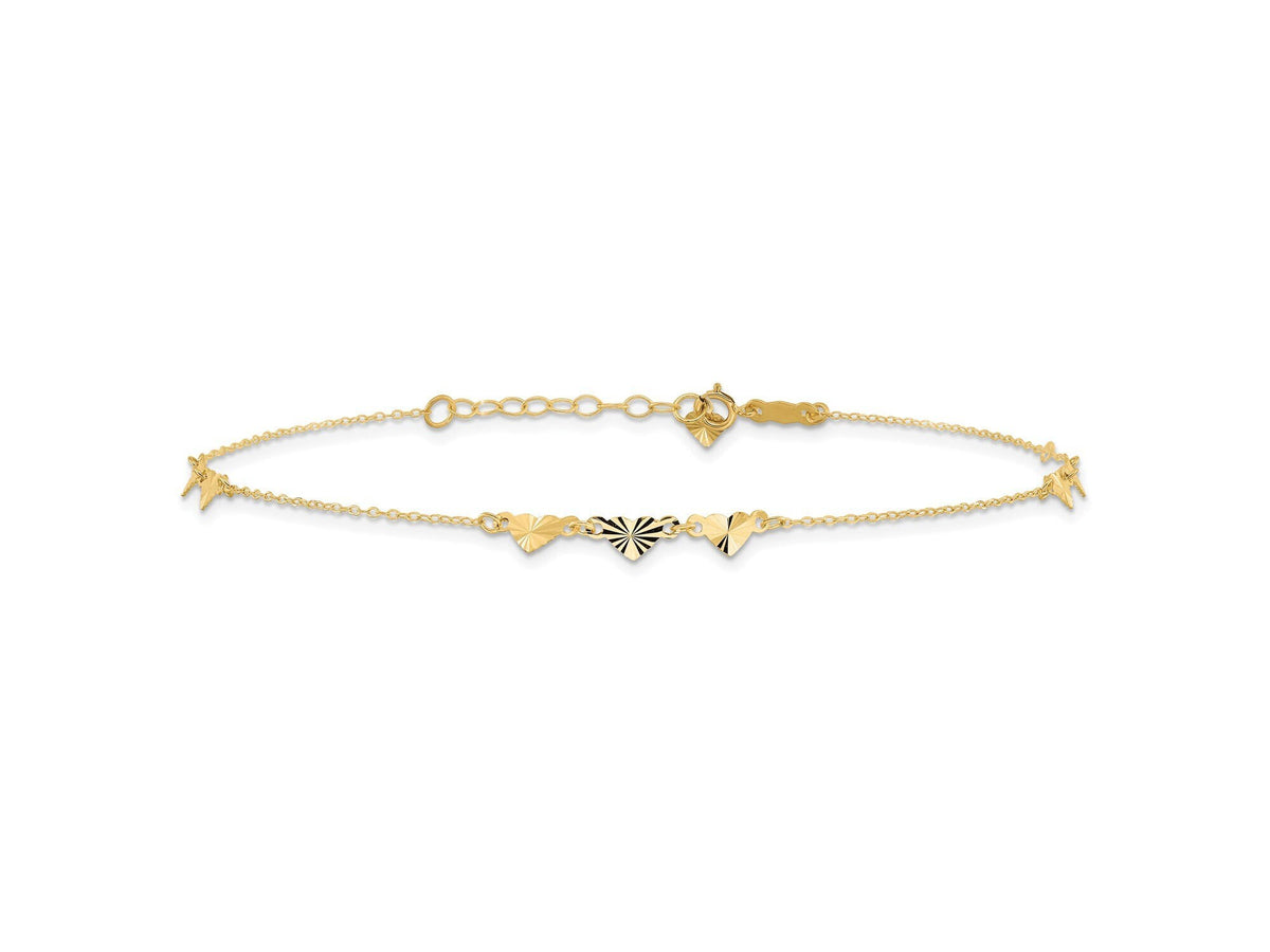 14k Yellow Gold 3 Diamond Cut Heart Anklet 9 inches w/ 1 inch Extension - Gift Box Included
