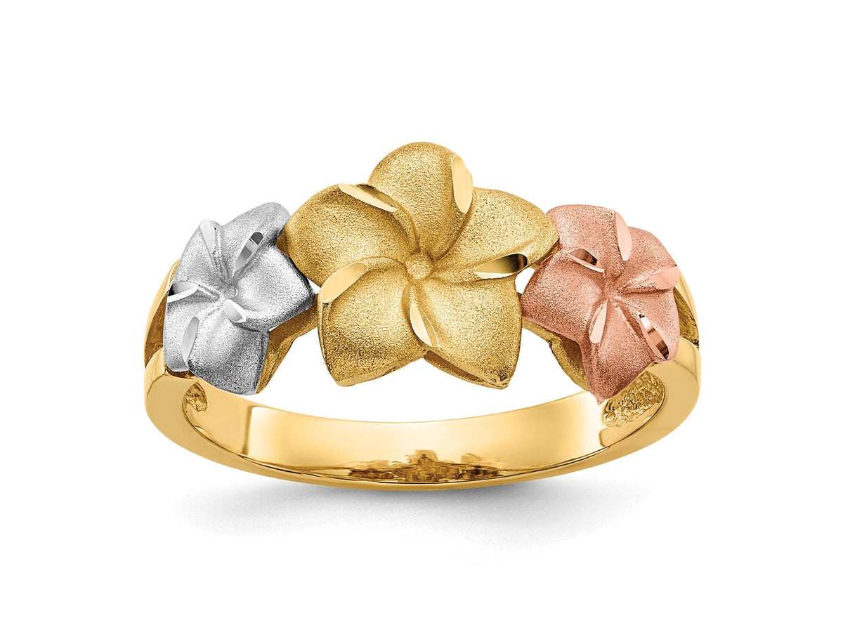 14k Tri Colored Gold Plumeria Ring / Women's Plumeria Ring Band Size 5 - 9.5 Made in USA Gift Box Included