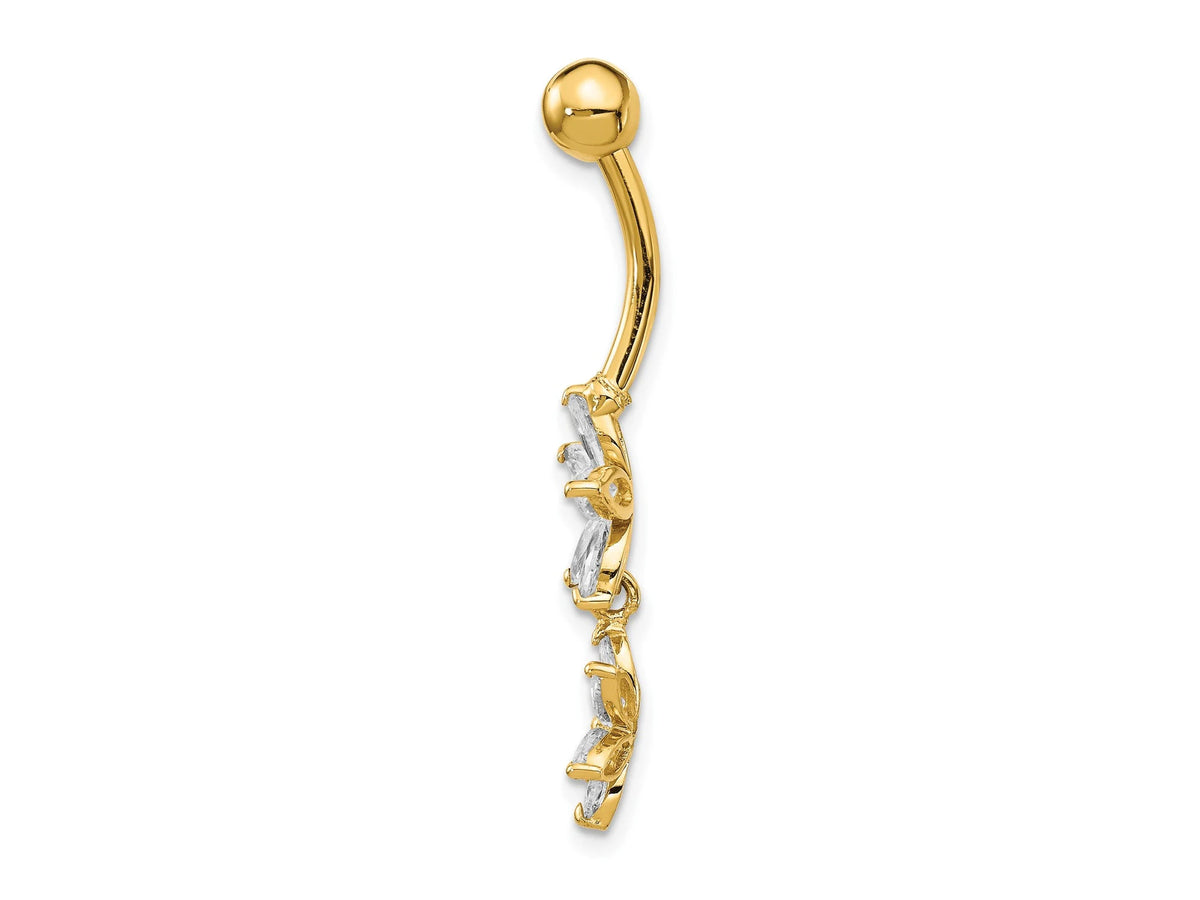 14k Yellow Gold Double Flower CZ Belly Ring / 14k 2 Flowers Belly Button Ring / Gold Navel Ring / Belly Ring Real Gold Gift Box Included