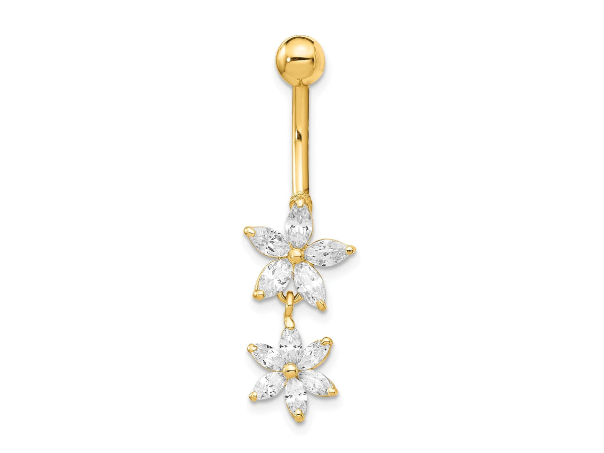 14k Yellow Gold Double Flower CZ Belly Ring / 14k 2 Flowers Belly Button Ring / Gold Navel Ring / Belly Ring Real Gold Gift Box Included