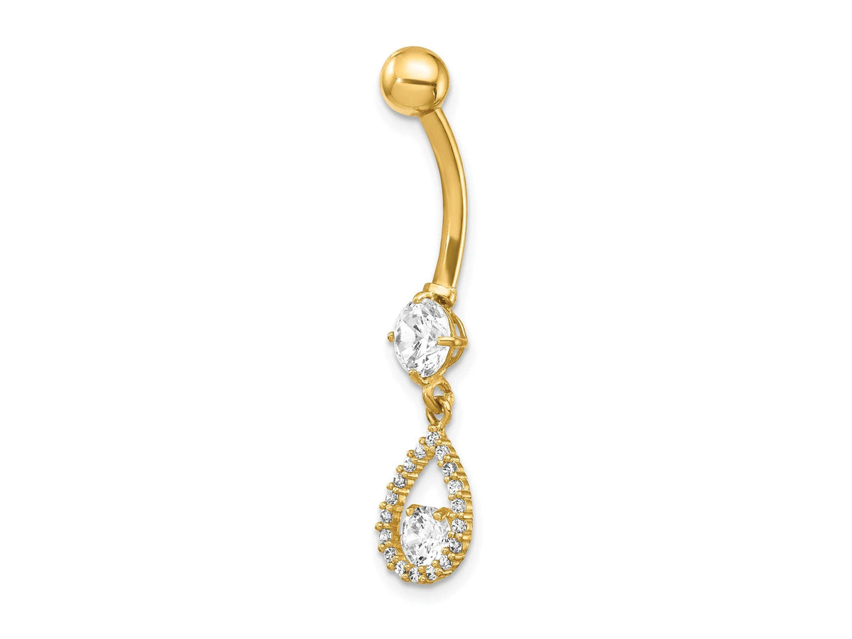 14k Yellow Gold Tear Drop CZ Belly Ring / 14k Tear Drop Belly Button Ring / Gold Navel Ring / Belly Ring Real Gold Gift Box Included