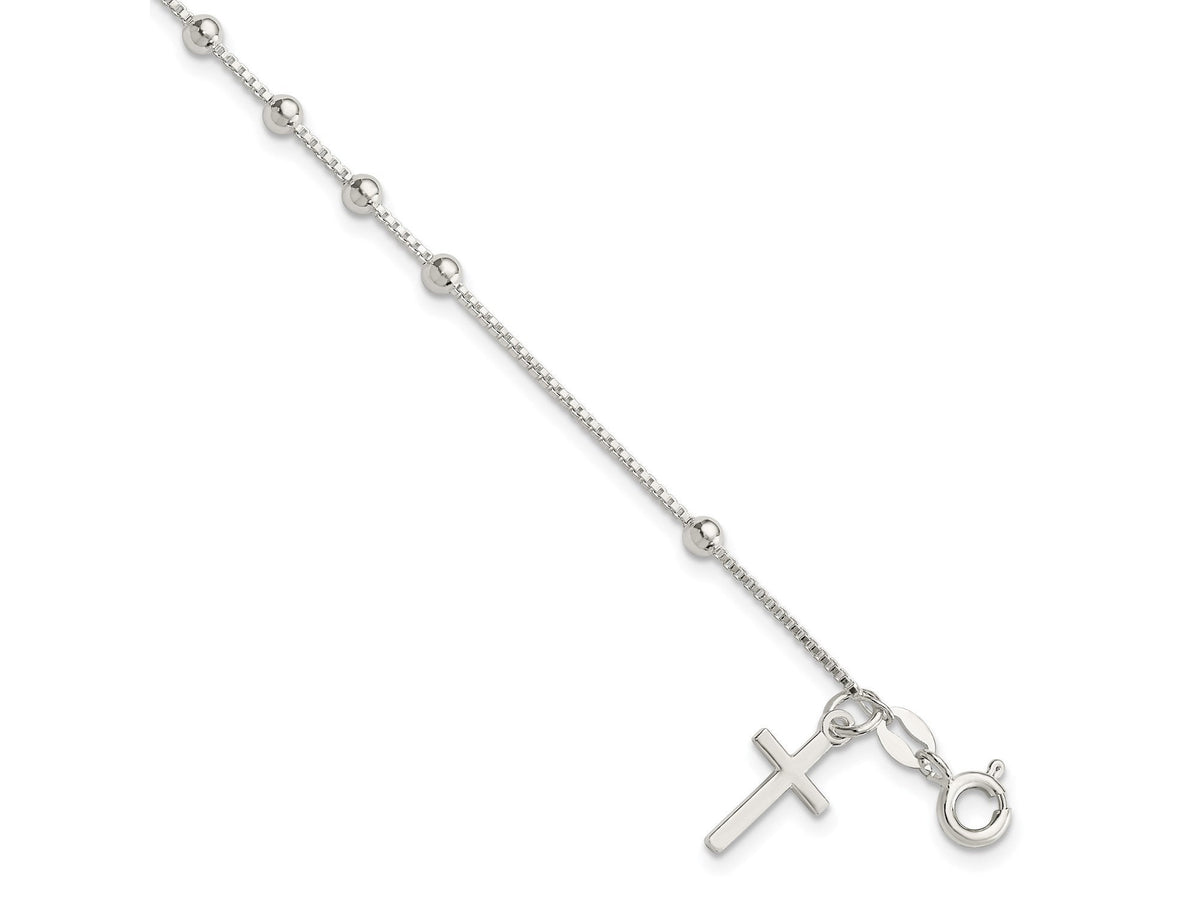 Sterling Silver Polished Cross Rosary 7.25 inch Bracelet - Gift Box Included / Silver Rosary Bracelet / Italian Silver