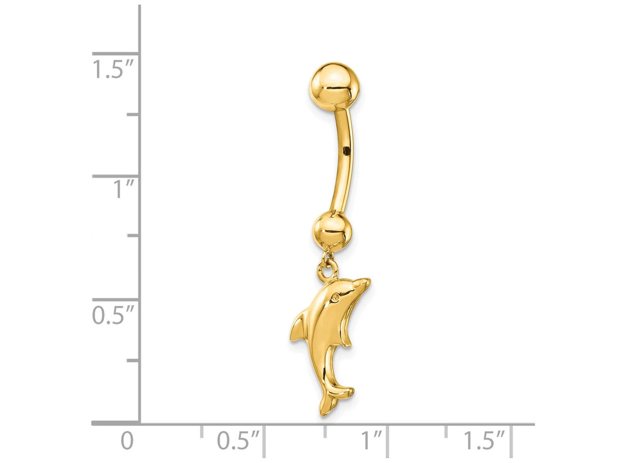 Solid 14k Yellow Gold 14 Gauge Polished Dolphin Belly Ring / 14k Belly Button Ring / Gold Navel Ring /Belly Ring Real Gold Gift Box Included